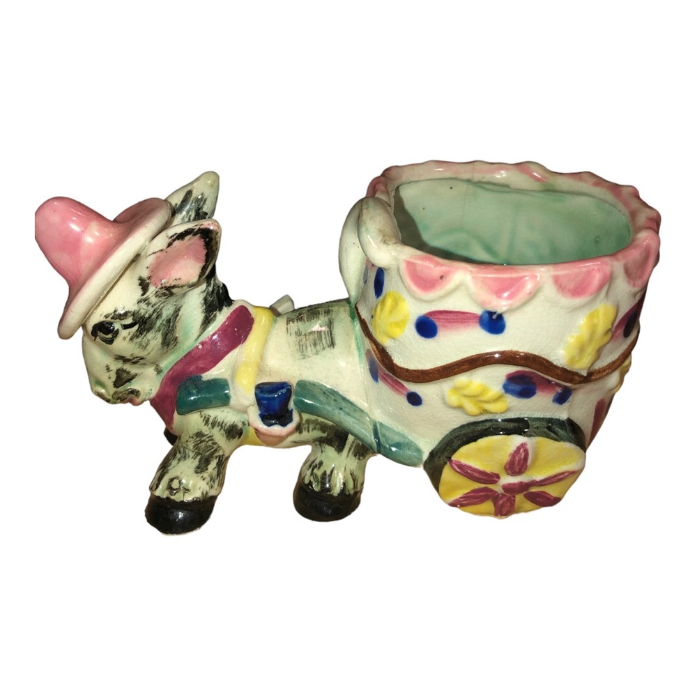 Vintage 1950’s Planter Donkey Pulling Cart Hand Painted Made in Japan